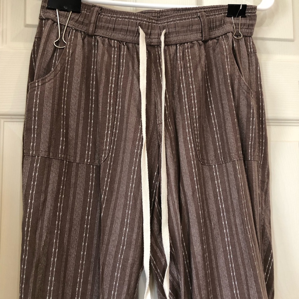 Rewash Wide-Leg Drawstring Pants Linen Blend Small Brown Striped Beach Casual - Picture 3 of 12